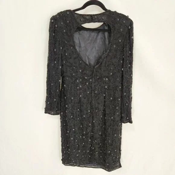 Vintage JOAN LESLIE Hollywood-Fairy-Tale Beaded Black Silk Sheath Dress Size 10. - Picture 3 of 16